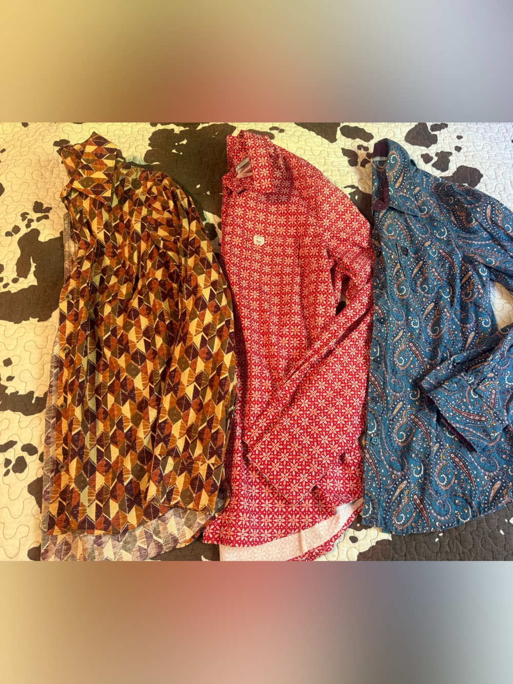 Three Western Button up Shirts  - Geometric, Red Floral, Blue Paisley Cinch XS S